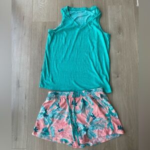 Croft & Barrow Pajamas Set Ribbed Tank & Tropical Floral Shorts Sz M pockets